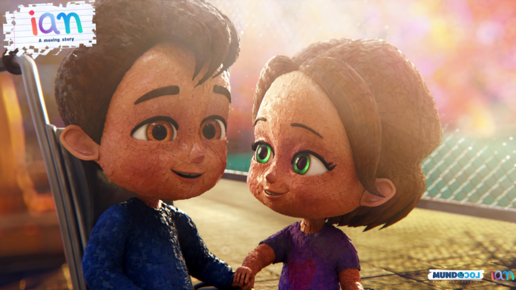 Close up view of a Cartoon image of a young white boy with dark hair holding hands with a white girl with dart hair