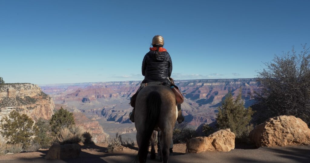 female on a horse in the center of the photo, her back is only visible and she is looking forward to a landscape