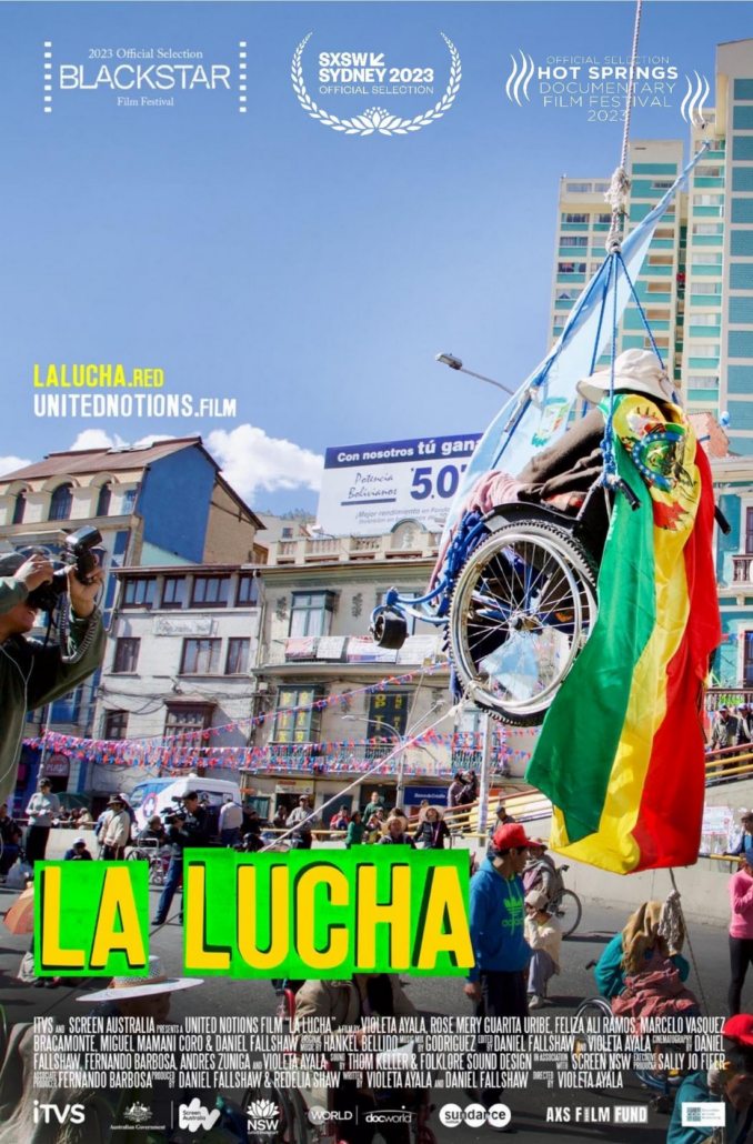 Film poster for La Lucha featuring a cityscape with a person in a wheelchair being hoisted into the air.