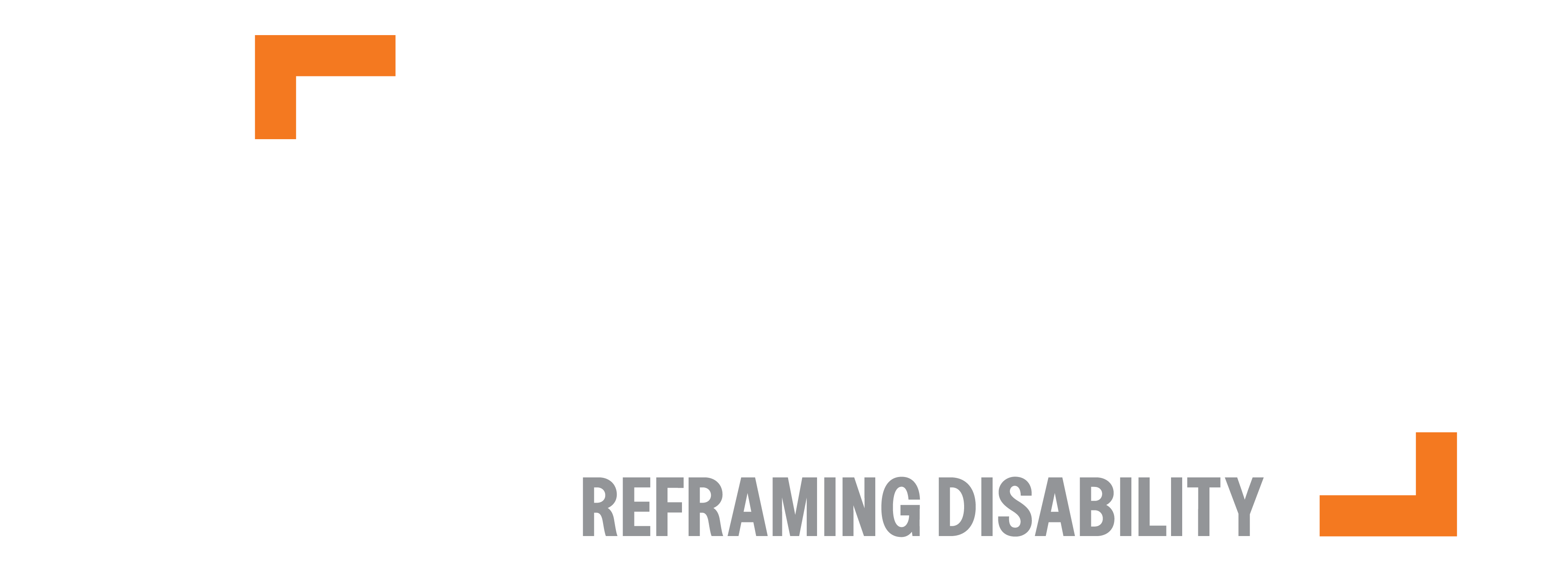 Logo - ReelAbilities in all caps black letters, with orange brackets framing the word off-center. Under it a tagline in light gray: Reframing Disability.