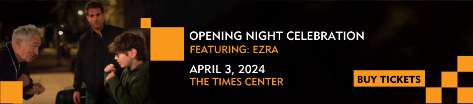 An image of Robert De Niro facing a young boy, both making boxing gestures. Actor Bobby Cannavale stands in the background looking at them. Orange square pixeles are scattered throughout the image . Text reads: Opening Night Celebration Featuring: Ezra. April 3, at the times center. Buy Tickets.