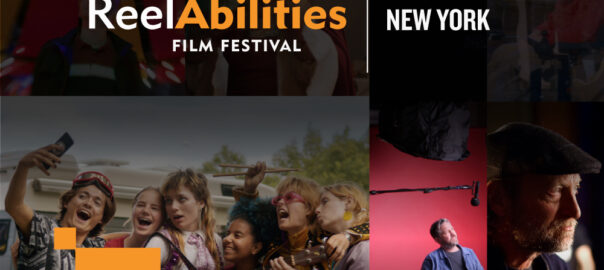 a collage of images from different films, with orange pixels spread around. Text reads: 16th Annual ReelAbilities Film Festival: New York. Save the Date, April 3-10. ReelAbilities.org/newyork. Support, partner, volunteer, attend