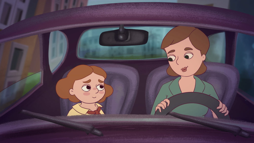 An animated image of a young girl and her mom in a car