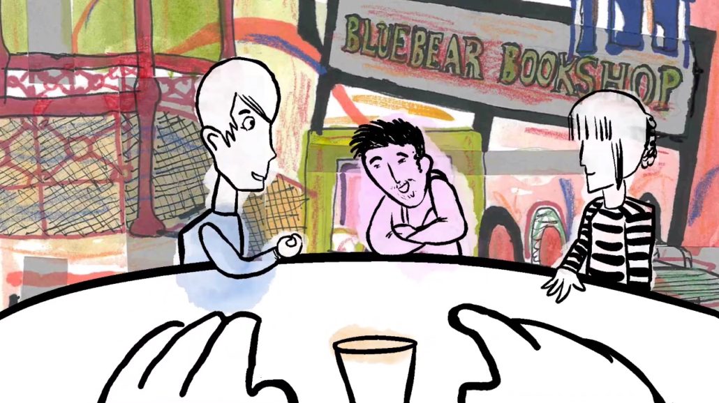 An animated image with three people sitting across from the main character. The image is drawn from their point of view - we see their hands and a coffee cup.