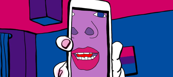 an animated drawing of a cell phone screen with a person's face on it