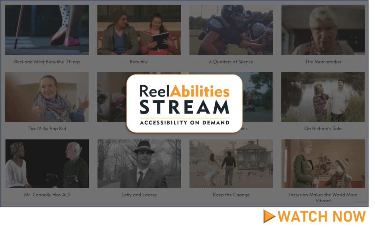 A white square with text saying ReelAbilities Stream Accessibility on Demand, on the background of a mosaic of film images with titles.