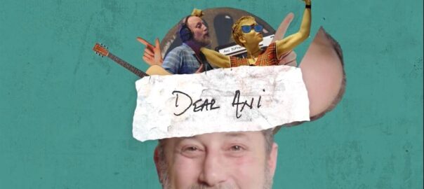 A white man's head appears in an illustration in front of a jade green background, with the image of Ani DiFranco popping out of his head above the words "Dear Ani" written on tape.