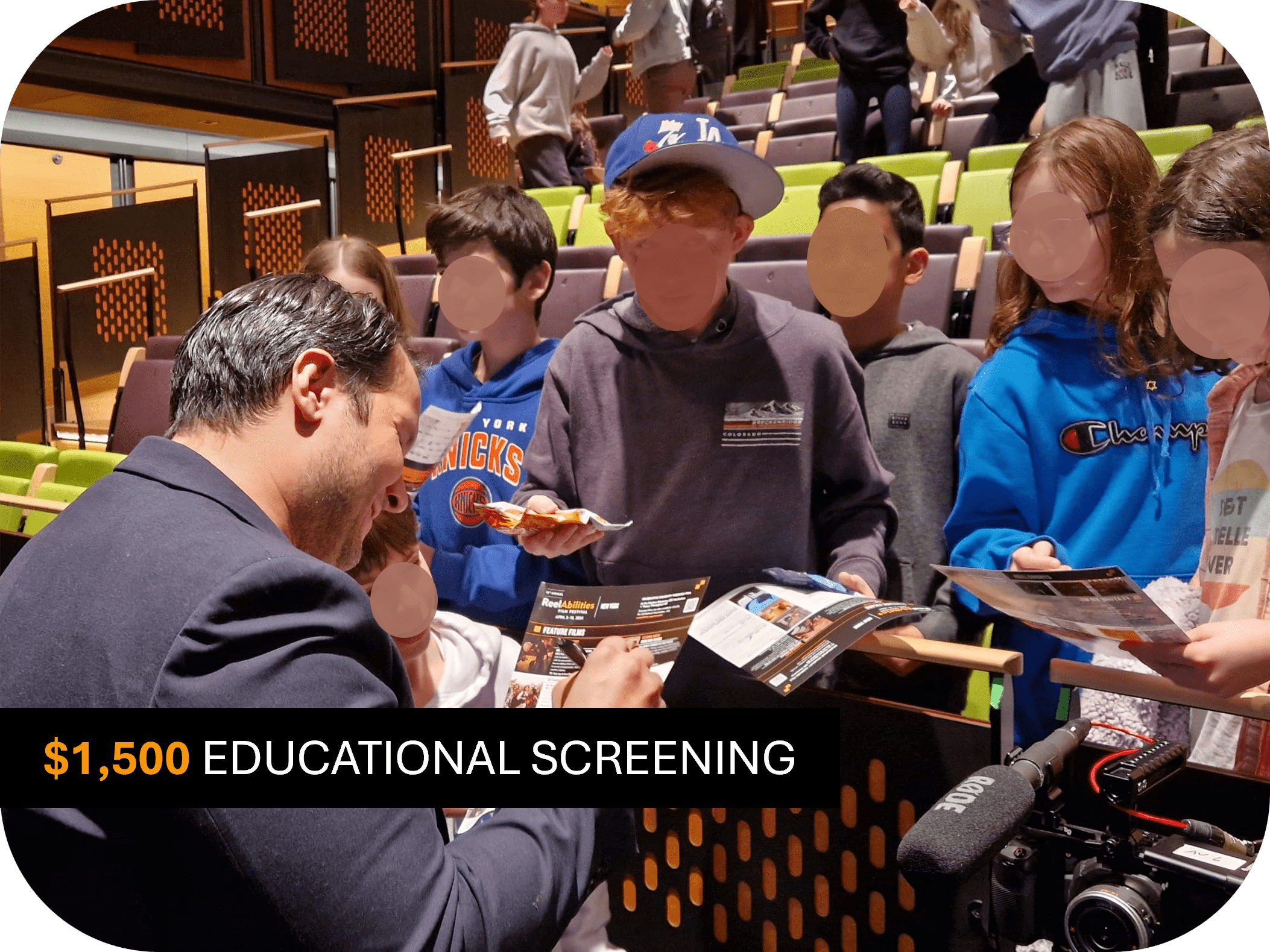 a filmmaker giving autographs on a ReelAbilities festival flier, surrounded by children. Text reads: $1,500 Educational Screening