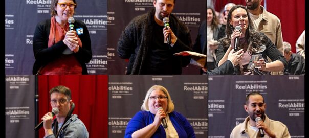 a grid of images of filmmakers speaking to a microphone, with the ReelAbilities banner behind them.