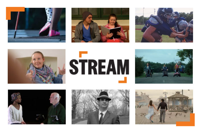 A grid of images from various films. in the center is the logo of ReelAbilities Stream.